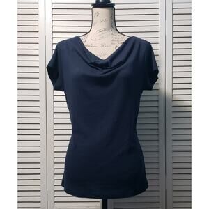 Magaschoni Cowl Neck Top Women's Medium Navy Blue Soft Knit Short Sleeve Shirt